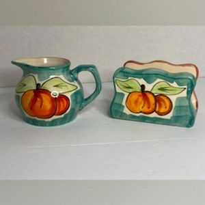 Vtg Guyroc Hand Painted China Creamer and Napkin Holder Set Peaches & Pear